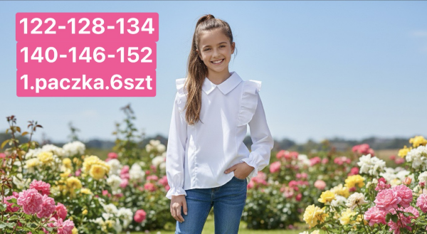 Koszule dziewczęce Roz 122-152, 1 kolor Paczka 6 szt